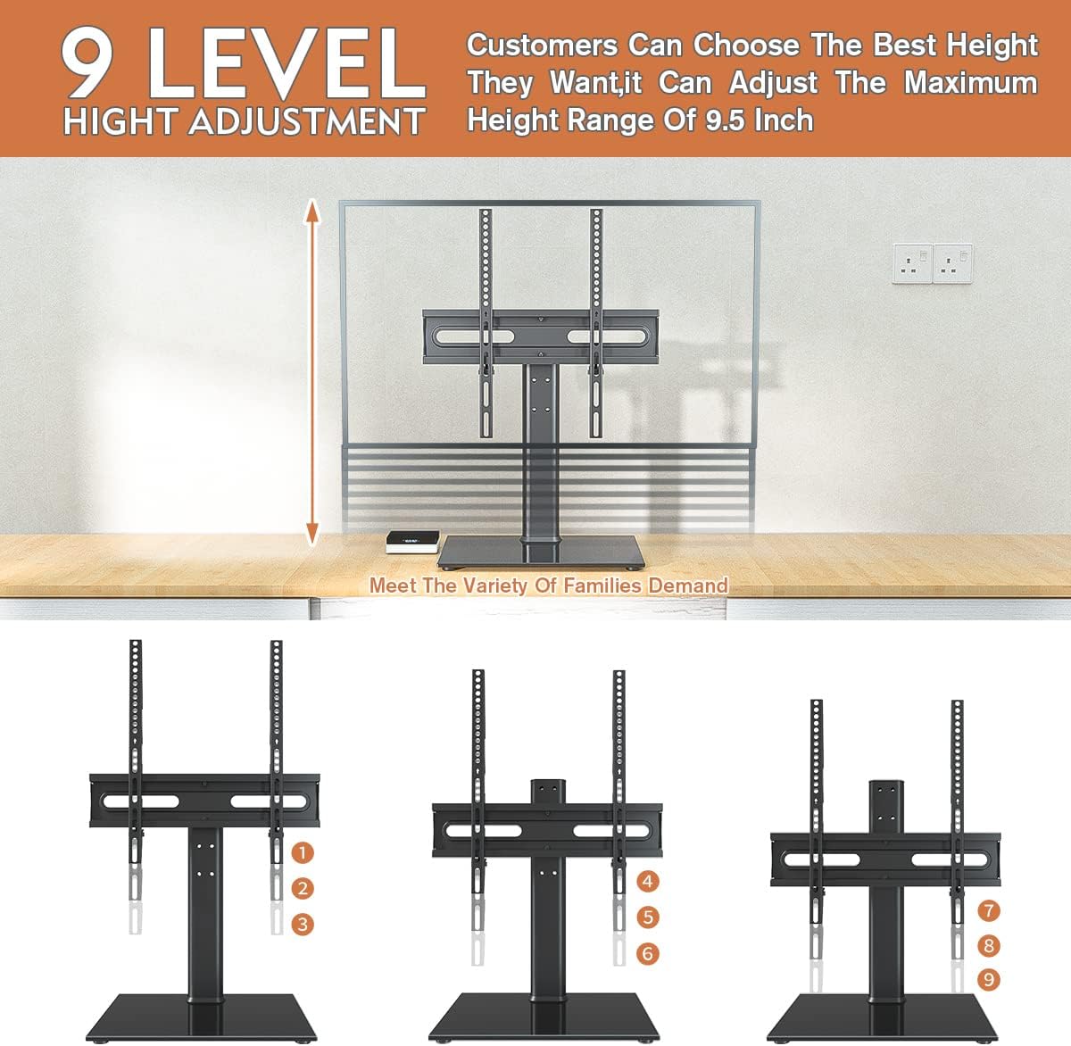 Universal Swivel TV Stand - Table Top TV Stand for 27-60 inch LCD LED TVs - Height Adjustable TV Base Stand with Tempered Glass Base & Wire Management, VESA 400x400mm HT06B-002