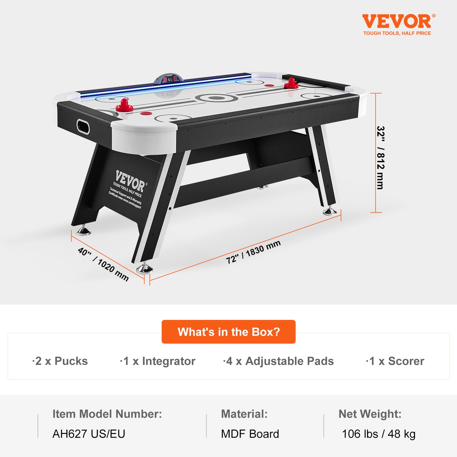 VEVOR Tavolo da Gioco ad aria Compressa, Tavolo Interno per Bambini e Adulti per Sala Giochi, Gioco da Balla Sportivo a LED con 2 Dischi, 2 Spingitori e Sistema di Punteggio Elettronico