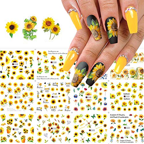 SunflowerÂ Nail Art Stickers Decals Nail Stickers for Acrylic Nails Flower Water Transfer Nail Stickers Nail Art Supplies Sunflower Nail Decals Nail Art Decorations 12 Sheets