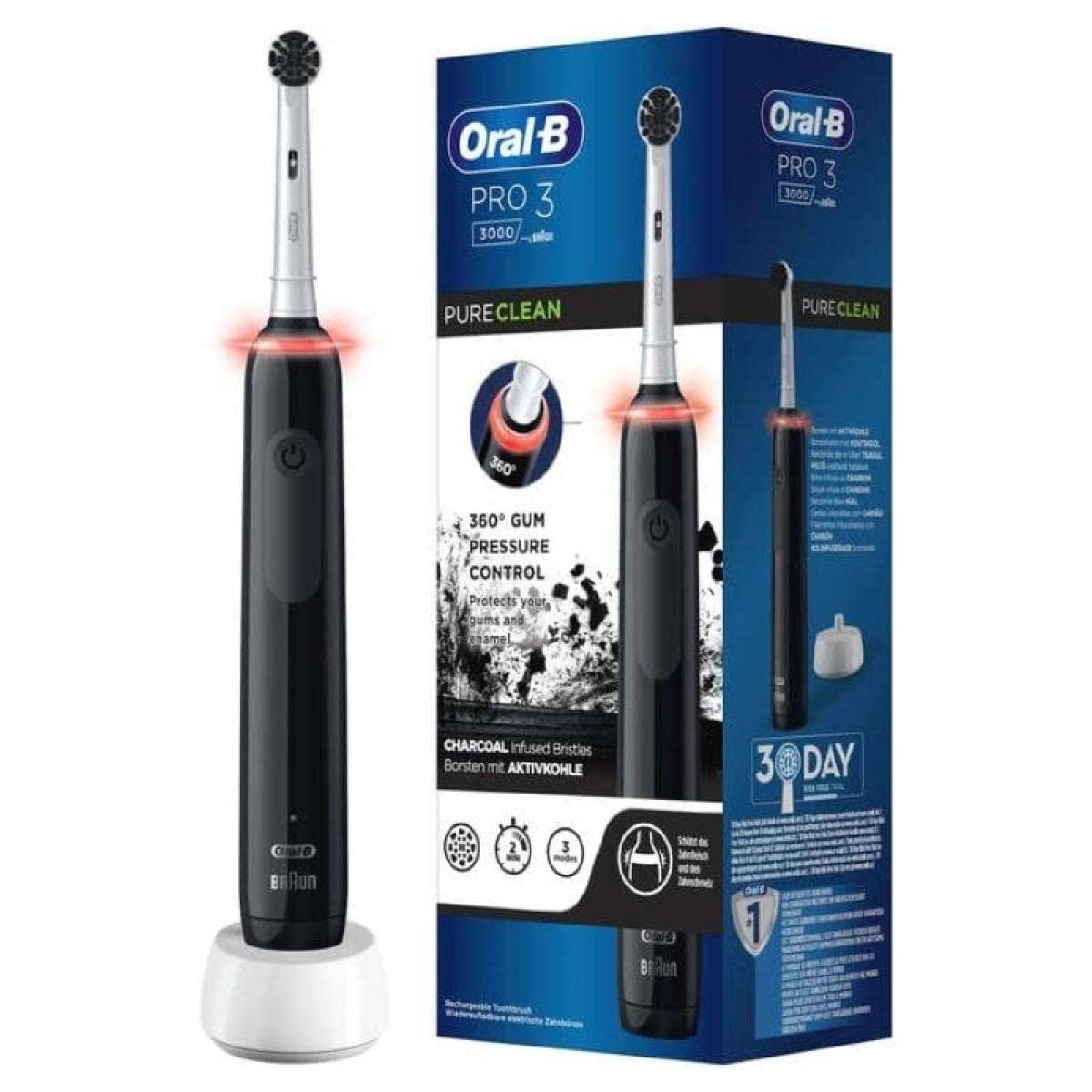 Oral-B PRO 3 3000 Pure Clean Elektrische Zahnbürste/Electric Toothbrush, mit 3 Putzmodi und visueller 360° Andruckkontrolle für Zahnpflege, Borsten mit Aktivkohle, Designed by Braun, schwarz