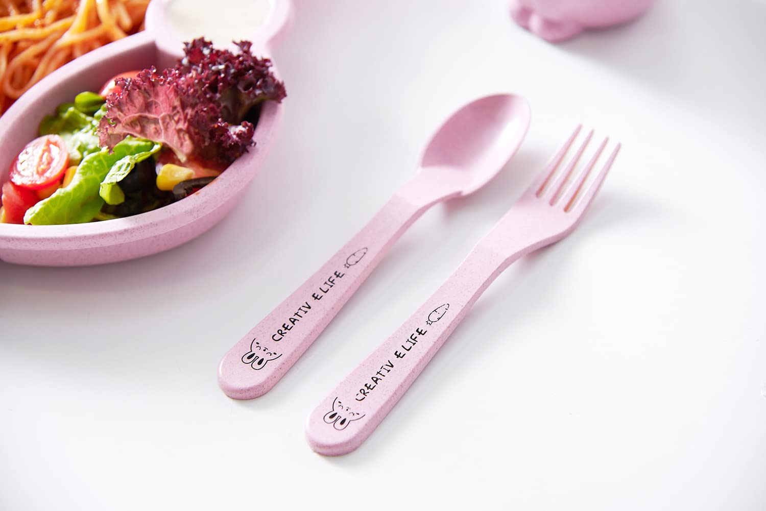 MEZON Wheat Straw Divided Dinner Tray, Unbreakable Dinner Set for Kids Dinner Plates with Bowl Cup Fork Spoon Chopsticks Tableware Set Baby Dinning Set (Pink) 1
