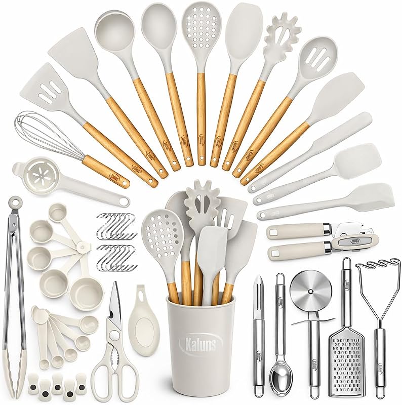 Juego de utensilios de cocina de silicona de 50 piezas Juego completo de cocina - 800 °F Utensilios de cocina de silicona premium antiadherentes resistentes al calor con mangos de madera - Abrelatas, triturador, volteador, juego de espátula de silicona