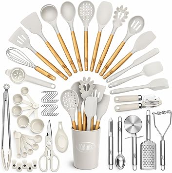 Kaluns 50 PCS Silicone Kitchen Utensils Set Complete Kitchen Set - 800F Heat Resistant Non-Stick Premium Silicone Cooking Utensils W Wooden Handles - Can Opener, Masher, Turner, Silicone Spatula Set