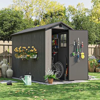 Patiowell 4' x 8' Plastic Outdoor Storage Shed with Floor, Resin Outside Tool Shed with Windows and Lockable Door for Backyard Garden Patio Lawn, Gray(Fit-it Shed)