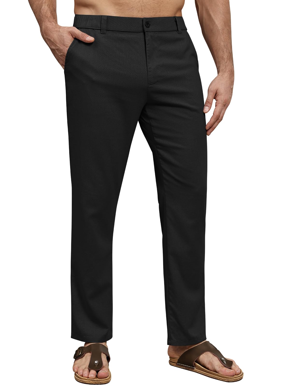 Suwangi Hombre Pantalones de Casuales Pantalones Largos Verano Ligeros Pantalon Lino Mezclar Cintura Elástica con Bolsillos — view 11