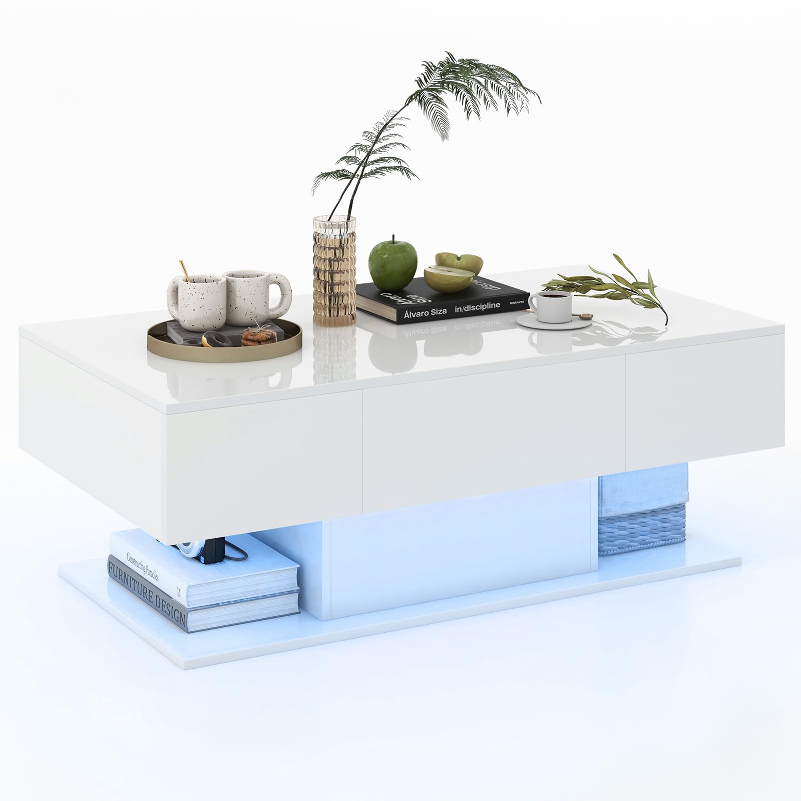 COSTWAY Couchtisch mit LED Beleuchtung, Hochglanz, 20 Farben | Helligkeit einstellbar, Wohnzimmertisch mit 2 Schubladen, Kaffeetisch für Wohnzimmer, inkl. Fernbedienung, 110x60x40 cm (Weiß)