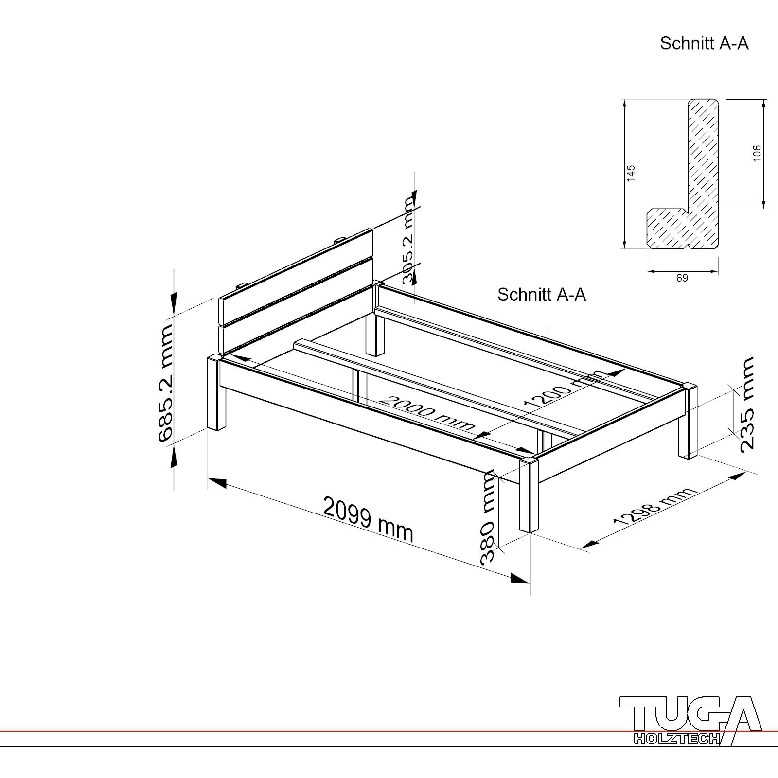 TUGA - Holztech Naturprodukt MASSIVHOLZBETT DAYBETT MASSIV Holz Bett HOLZBETT FSC 300Kg 100 x 220cm unbehandelt EXTRA HÖHE 58cm