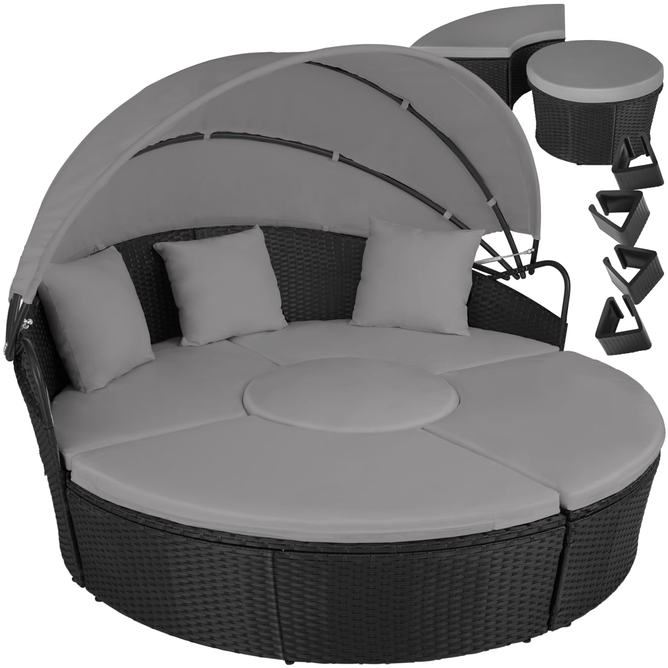TecTake® Isla de Ratán con Cojines, Conjunto Jardín con Toldo Corredizo Plegable, Muebles Jardín Exterior con Estructura en Acero y Resistente a Rayos UV, Conjunto Terraza Combinable - Negro