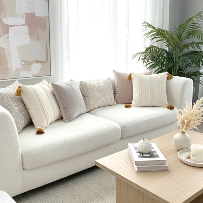 Image of Bird Wing Decorative Throw Pillow Covers with Tassels, Square, Cream Bohemian Lace Stripes Design, Set of 2, Beige Color Size: 12x18 Inches