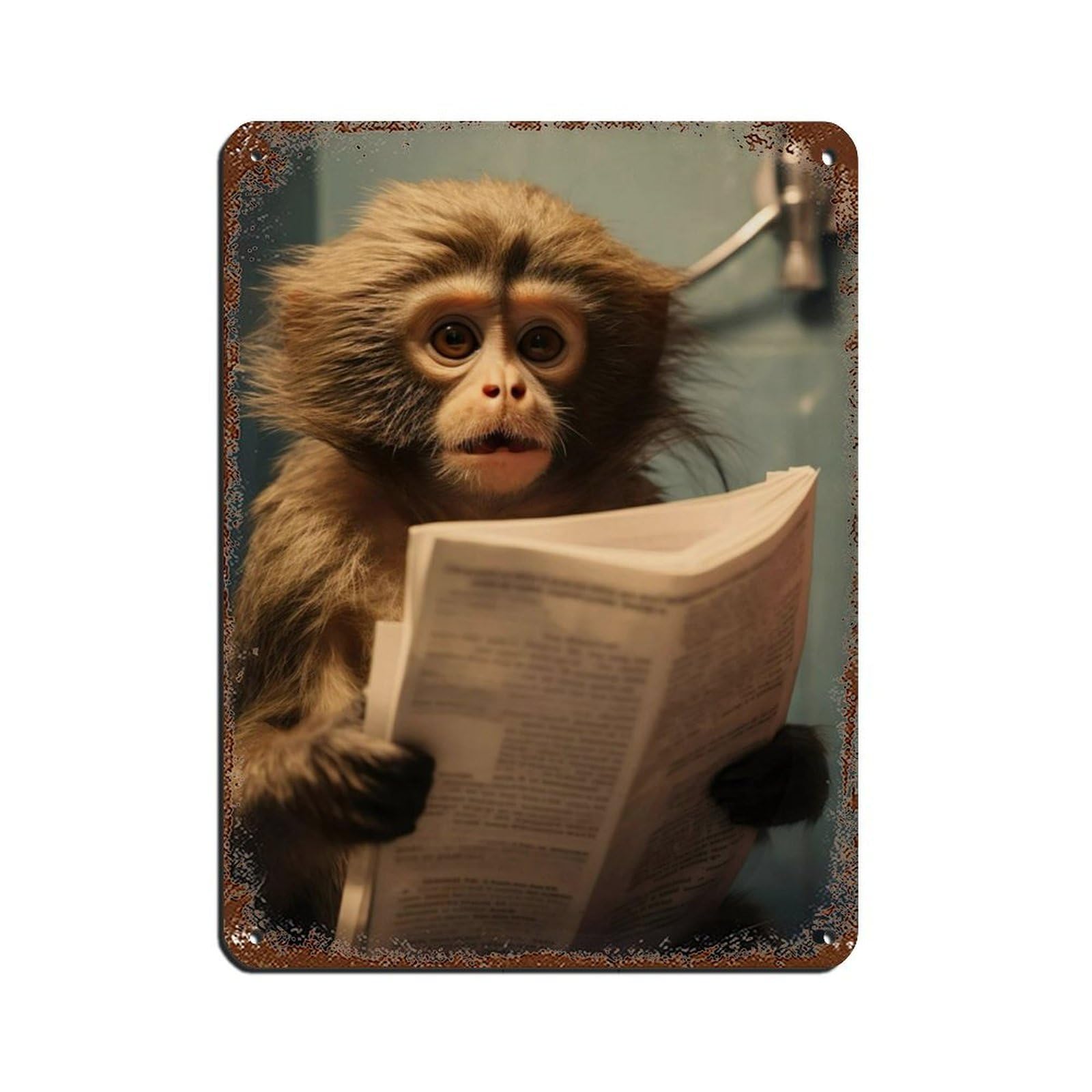 Marmoset Monkey Sitting on The Toilet Reading A Newspaper (3) Tin Sign Vintage Metal Pub Club Cafe Bar Home Wall Art Decoration Poster Retro 12x16inch(30x40cm)