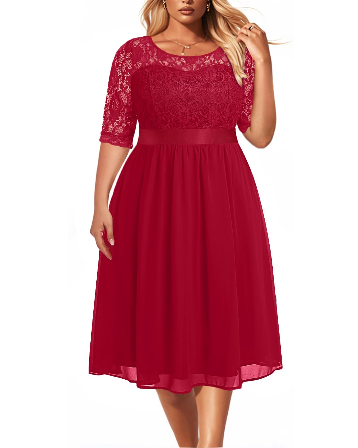 Plus Size Wedding Guest Dresses Women Cocktail Lace Chiffon Midi Dress | Lace top, chiffon midi skirt, half sleeves, high waist, elegant cocktail party, formal evening wear, soft lined fabric