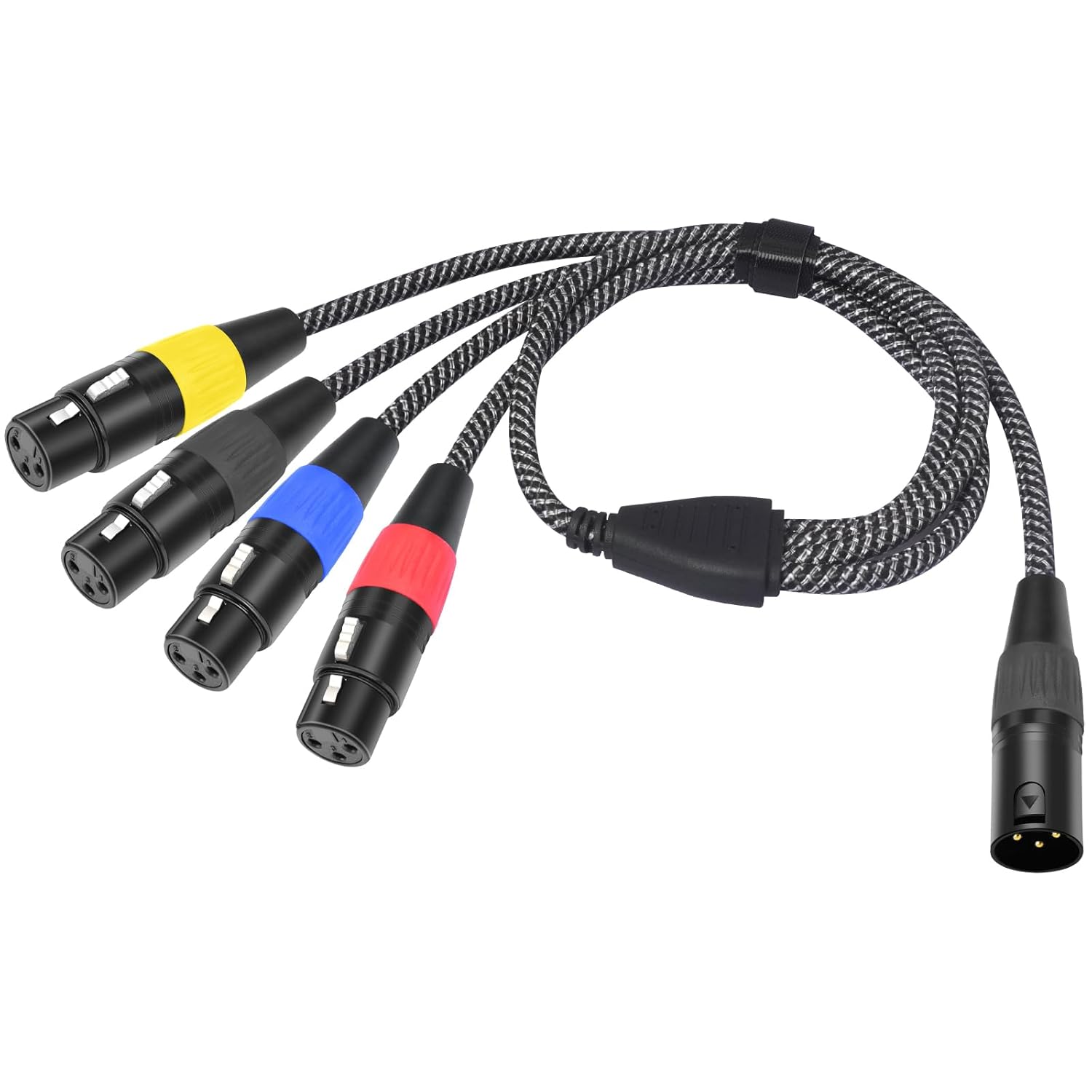 2FT (0.6m) XLR Male to 4 Female Splitter Cable - 4-Channel Output Distributor, Zinc Alloy Connectors, Color-Coded Braided Cable for Amplifier & Monitor Feeds