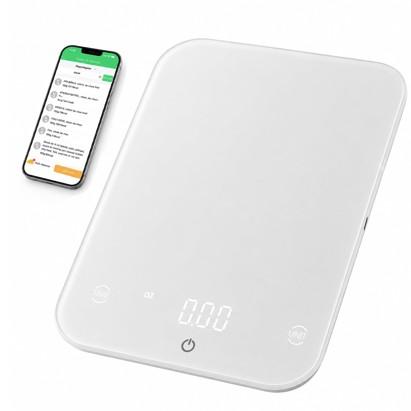 Balance de cuisine intelligente à valeur nutritive – Capacité de pesée : 10 kg – Division : 0,1 g – Bluetooth 5.0 – Mini-programme – Scan de code-barres – Plateau en verre trempé