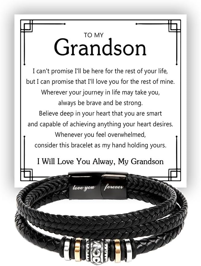 To My Grandson Bracelet from Grandma and Grandpa, Leather Bracelet For Grandson From Grandparents, Graduation Gift For Grandson, Grandson Birthday With Message Card and Gift Box.