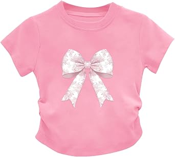 KEEVICI Cute Pink Bow Preppy Shirts for Girls Kids Aesthetic Graphic Tees Coquette T Shirt Summer Tops Cotton