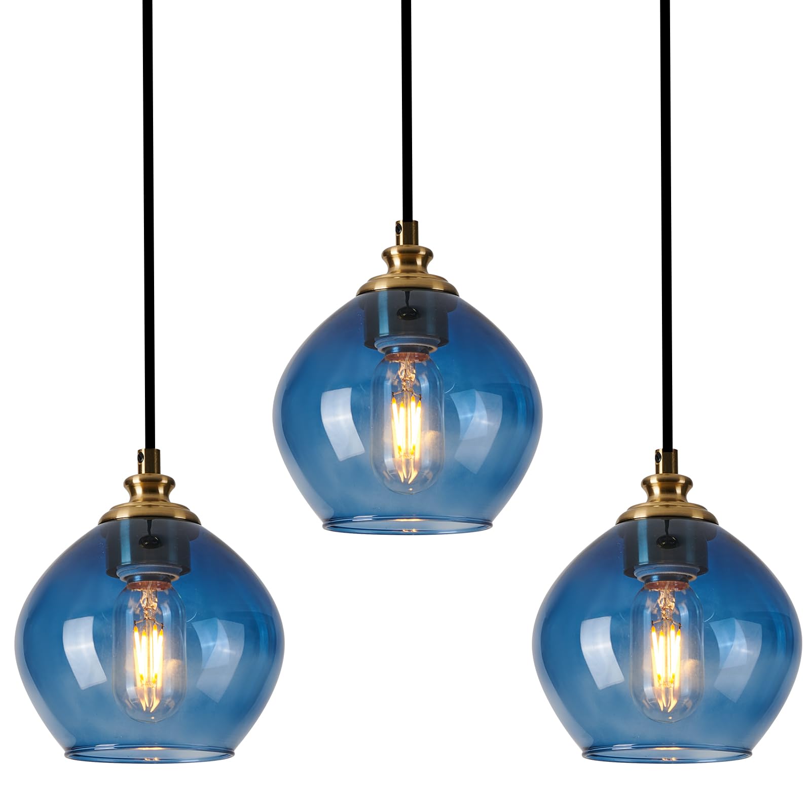 Blue Pendant Lights Kitchen Island Industrial Pendant Lighting Modern Hanging Lights Clear Glass Shade Adjustable Kitchen Island Light Fixtures for Dining Room Bedroom Hallway 3-Pack