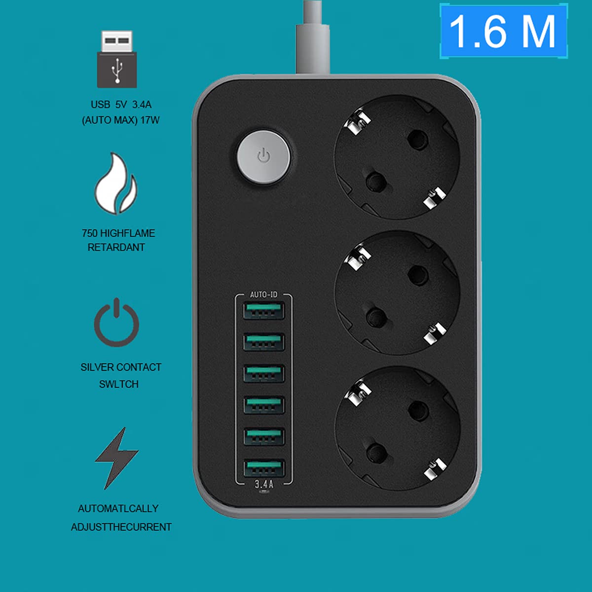 Multipresa, Multipresa Elettrica Con USB Ciabatta Con 3 Prese Elettriche E 6 Porte Di Carica USB Un Interruttore Di Controllo Con Protezione Da Sovraccorrente 2500W 17W 5V 3.4A Cavo 1.6M, Nero-Grigio