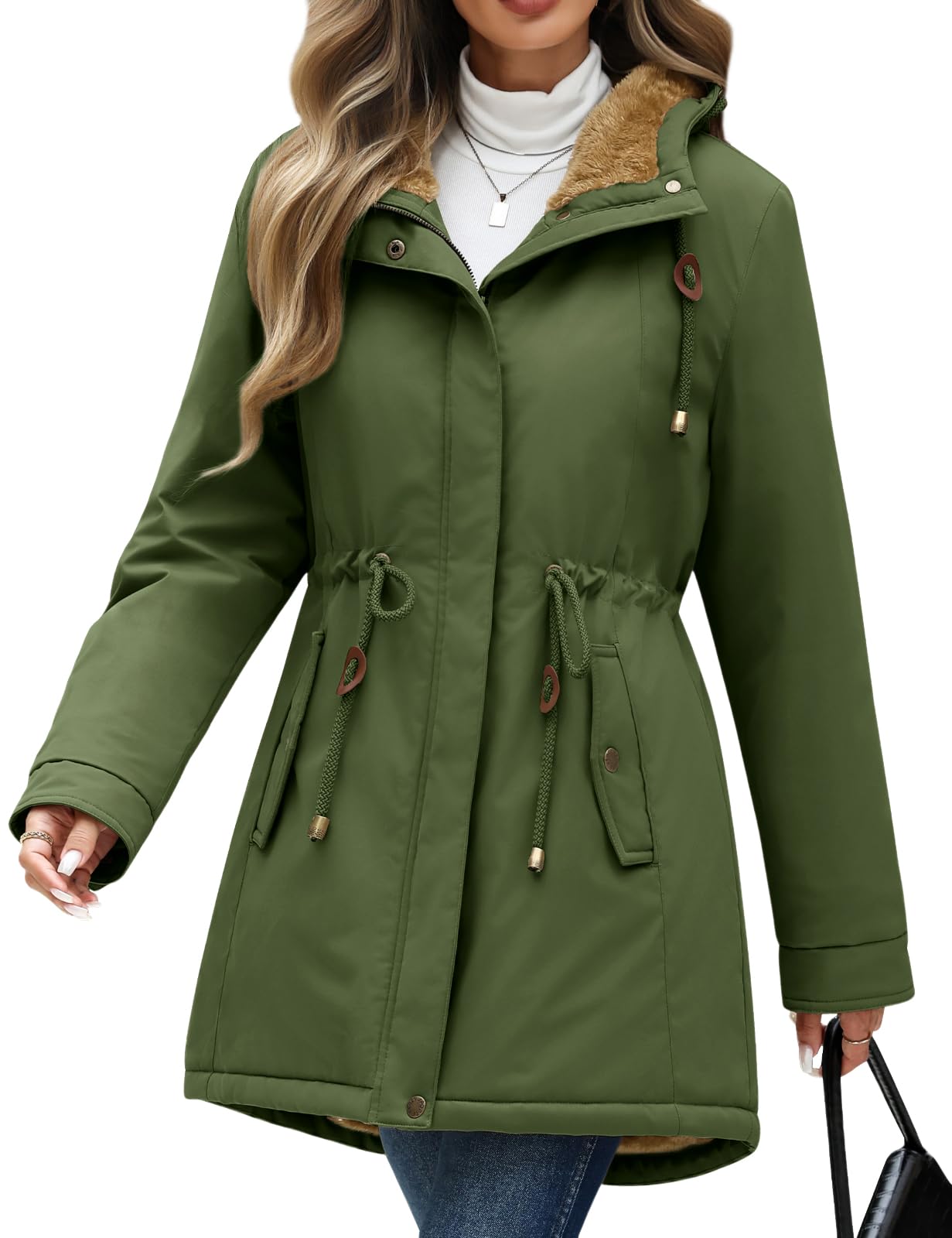 Vancavoo Abrigo Mujer Invierno Parka con Forro Polar Grueso | Parka con Capucha, Cintura Ajustable, Puños de Canalé, Bolsillos Oblicuos, Cremallera y Botones a Presión