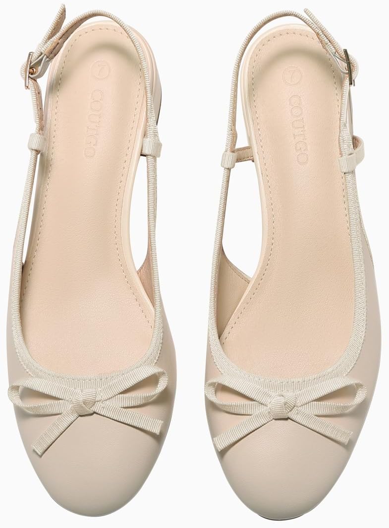 Coutgo Womens Chunky Low Heels Slingback Ballet Bow Pumps Closed Toe Wedding Dress Shoes - Image 6
