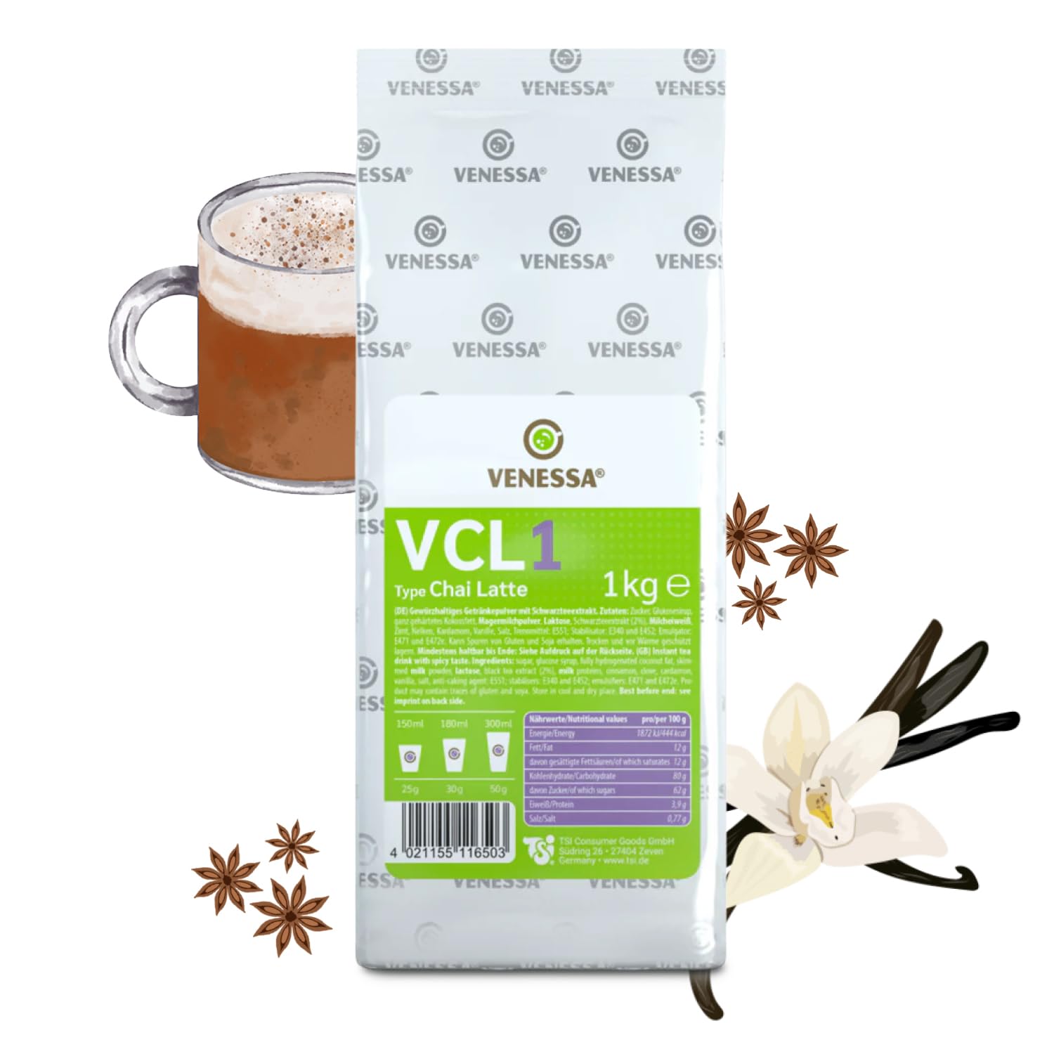 VENESSA VCL1 Chai Latte 20 x 1 kg ekonomiczne opakowanie – wysokiej jakości herbata mleczna w proszku do automatów Vending, wysoka wydajność, rozpuszczalna, w woreczku chroniącym aromat