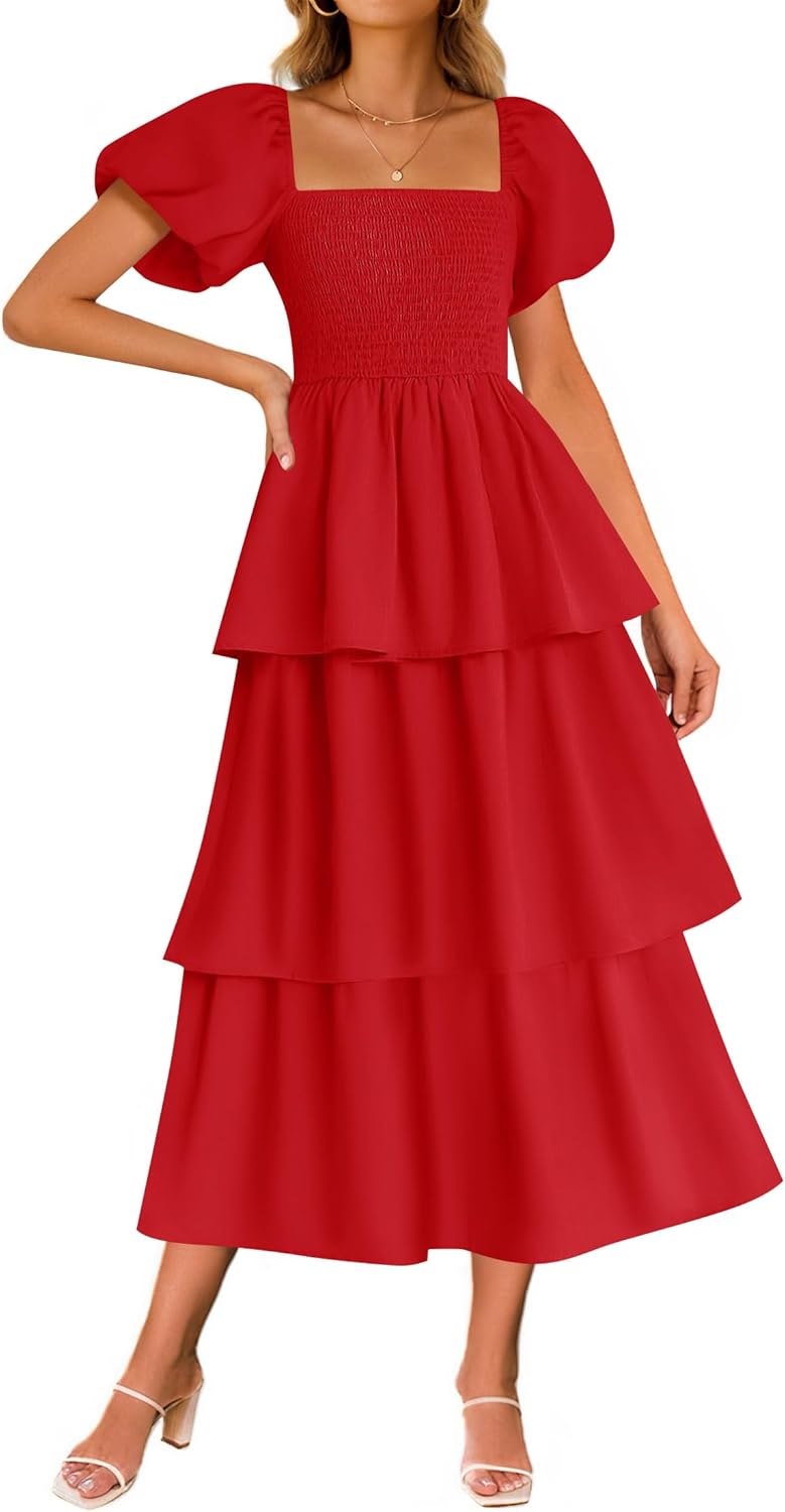ZESICA Women's Summer Puff Sleeve Midi Dress 2026 Casual Flowy A Line Tiered Wedding Guest Beach Vacation Long Dresses