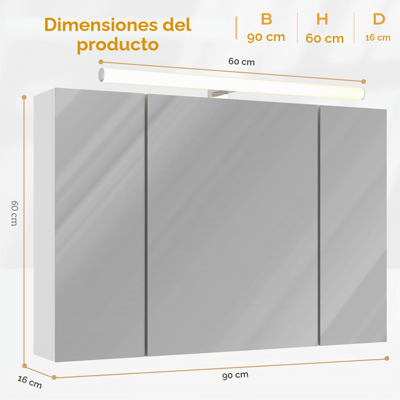 DICTAC Armario con Espejo baño con iluminación LED,Enchufe para máquina de Afeitar 90x60x16cm Armario de Pared con 3 Puertas y Estantes Ajustable con Mucho Espacio de Almacenamiento,Blanco