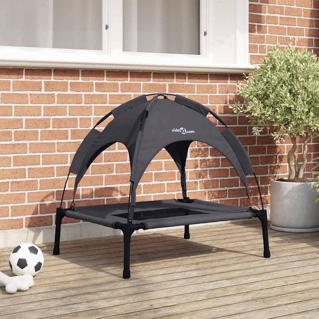 Cuccia per cani in acciaio nero, 76 x 62 x 70,5 cm, rialzata, traspirante, antigraffio, per interni ed esterni, con cuscino antiscivolo e tettuccio parasole rimovibile