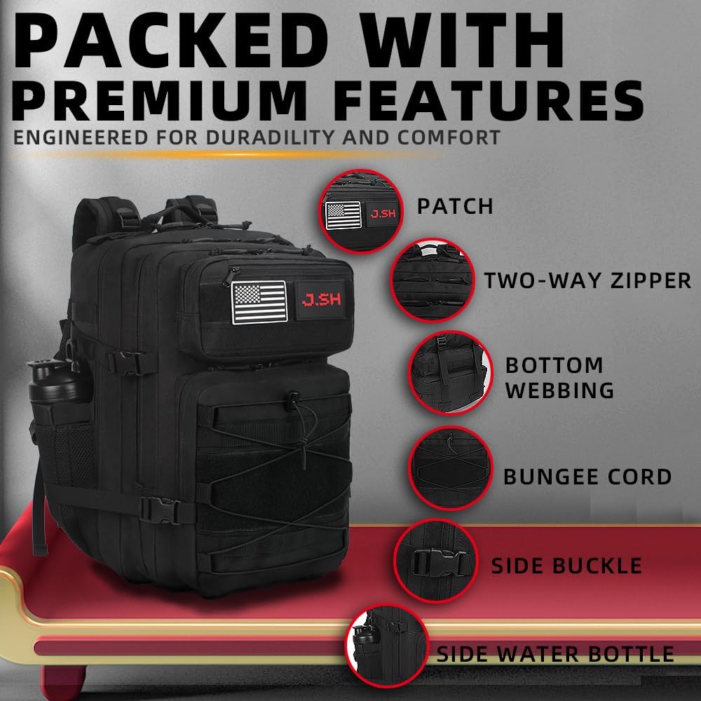 J.SH 25L/35L/45L Tactical Backpack Military Backpack Assault Bag Daypack Men and Women with Water Bottle Gym Bag - 45L Black - Image 2