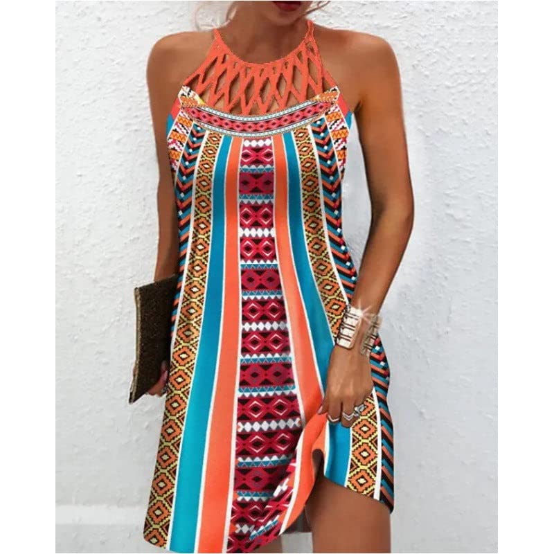 Image of LOVESHOOT Summer Dresses for Women 2026 Casual Floral Hollow Out Halter Neck A-line Sundress for Beach Vacation with Pockets