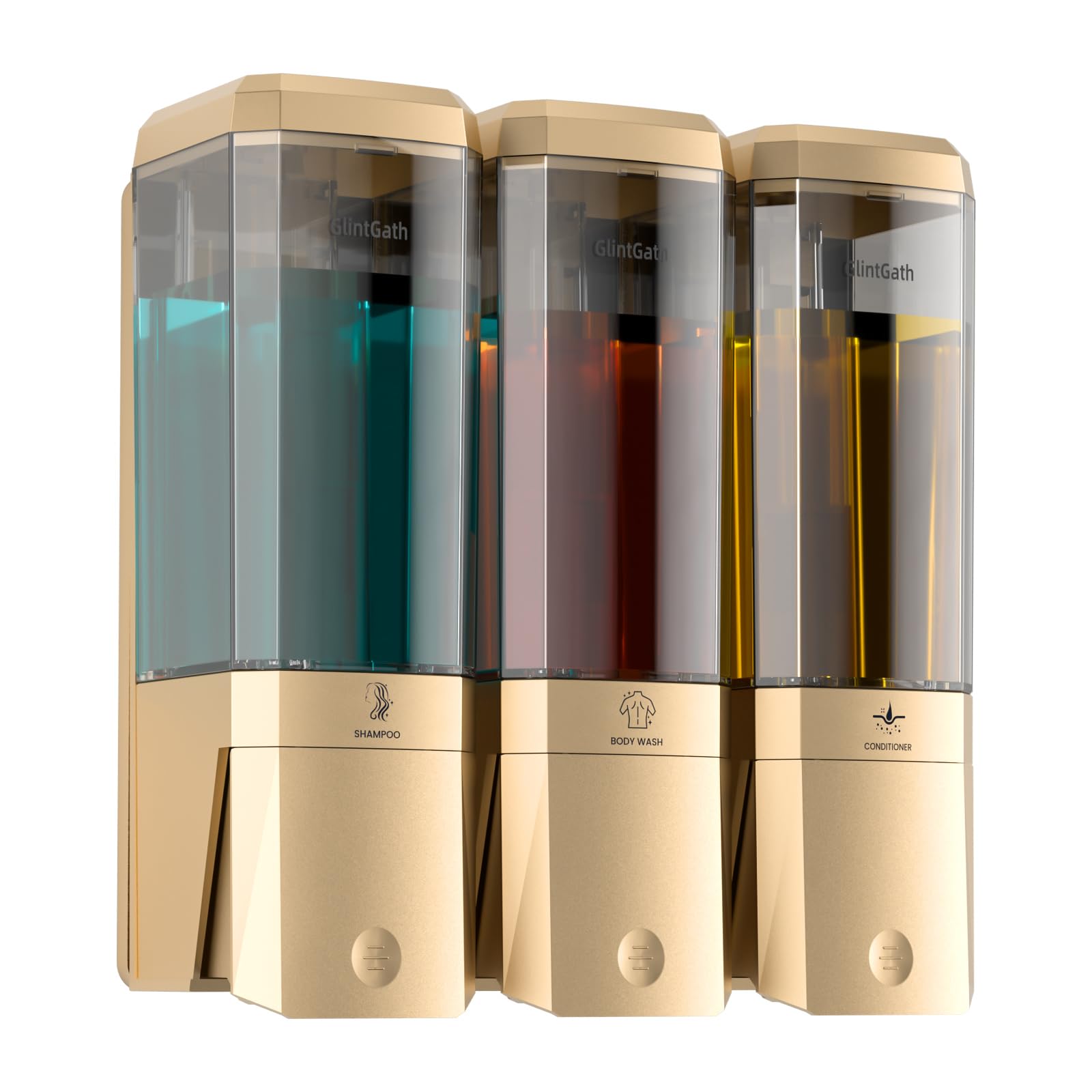 Dispenser per shampoo e balsamo, dispenser per doccia a 3 camere, senza trapano, dispenser per shampoo per doccia a parete per bagno hotel, grande capacità 3 x 500 ml, oro
