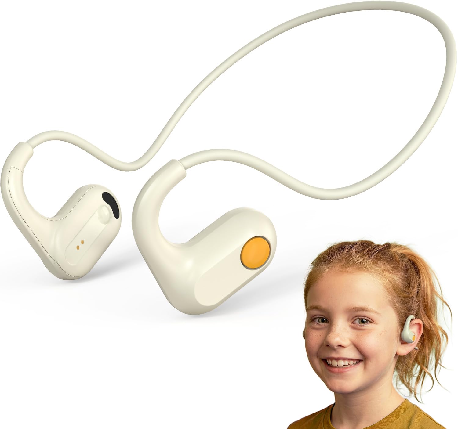 ANCwear Kids Open Ear Headphones, Wireless Bluetooth 5.3 Sports Ear Headphones, 17g Lightweight IPX6 Waterproof 24H Playtime for Kids,Students (Beige)