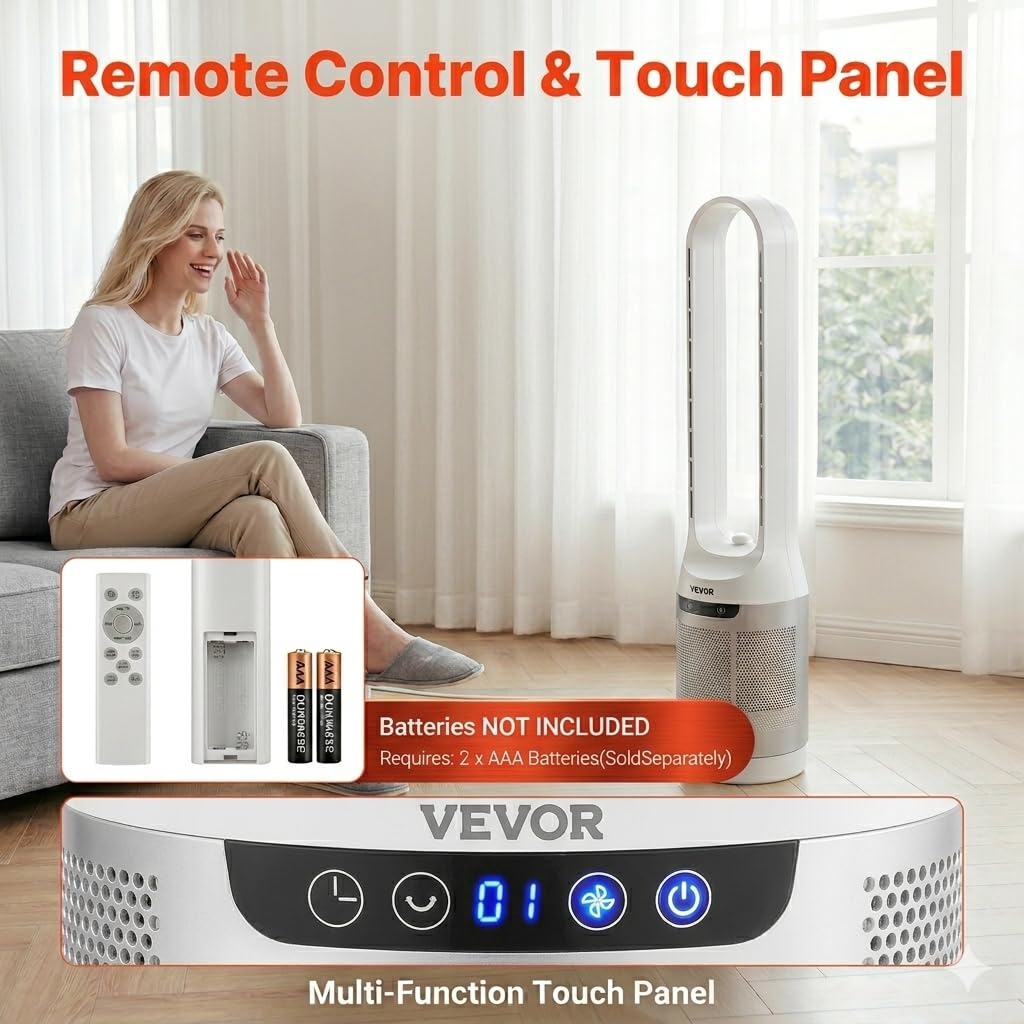 VEVOR Ventilatore a Torre Senza Pale, Oscillazione 65°, Ventilatore a Colonna Senza Pale, 12 Velocità, 4 Modalità, Timer 8 Ore, Flusso d’Aria Potente 4,5 m/s, Silenzioso, per Camera da Letto Ufficio