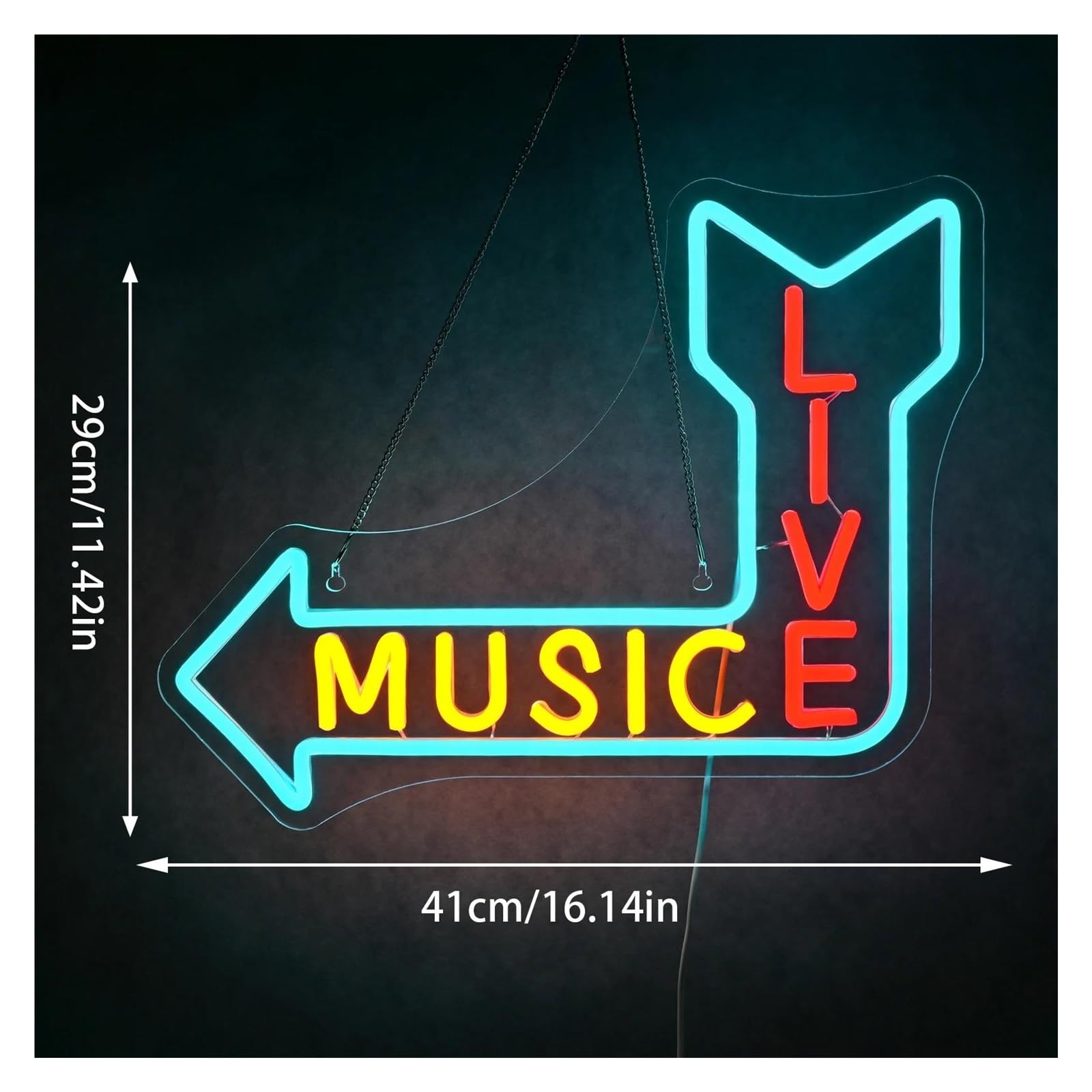 Hängende Kunst-Leuchtreklamen Live-Musik Neon Zeichen Pfeil Richtung Lichter Zimmer Dekoration Für Musik Bar Club Party 41x29cm