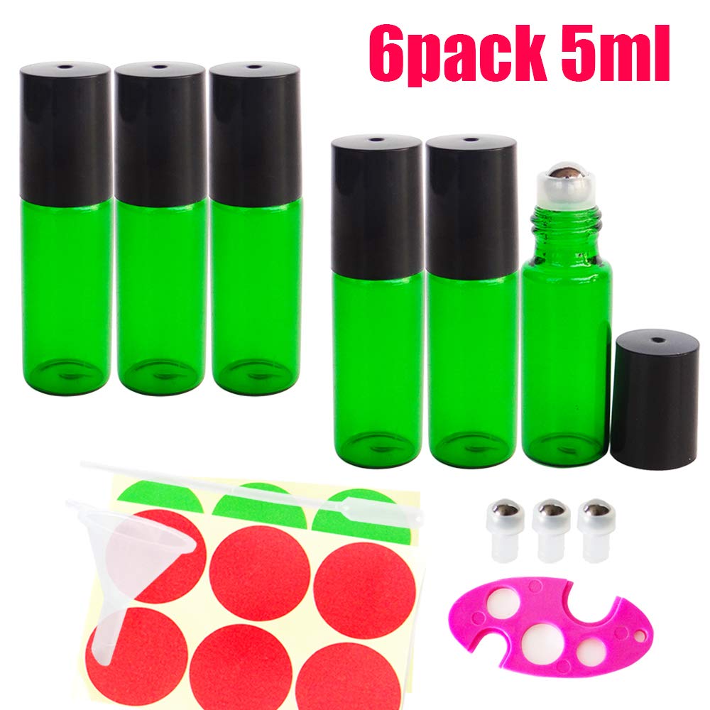 GreatforU6pack 5ml Green Empty Glass Roll-on Bottles, Refillable Cosmetic Container for Makeup Essential Oil Perfume Lab Sample, FREE Dropper, Mini Funnel, Opener, Extra 3 Roller Balls, 12 Labels
