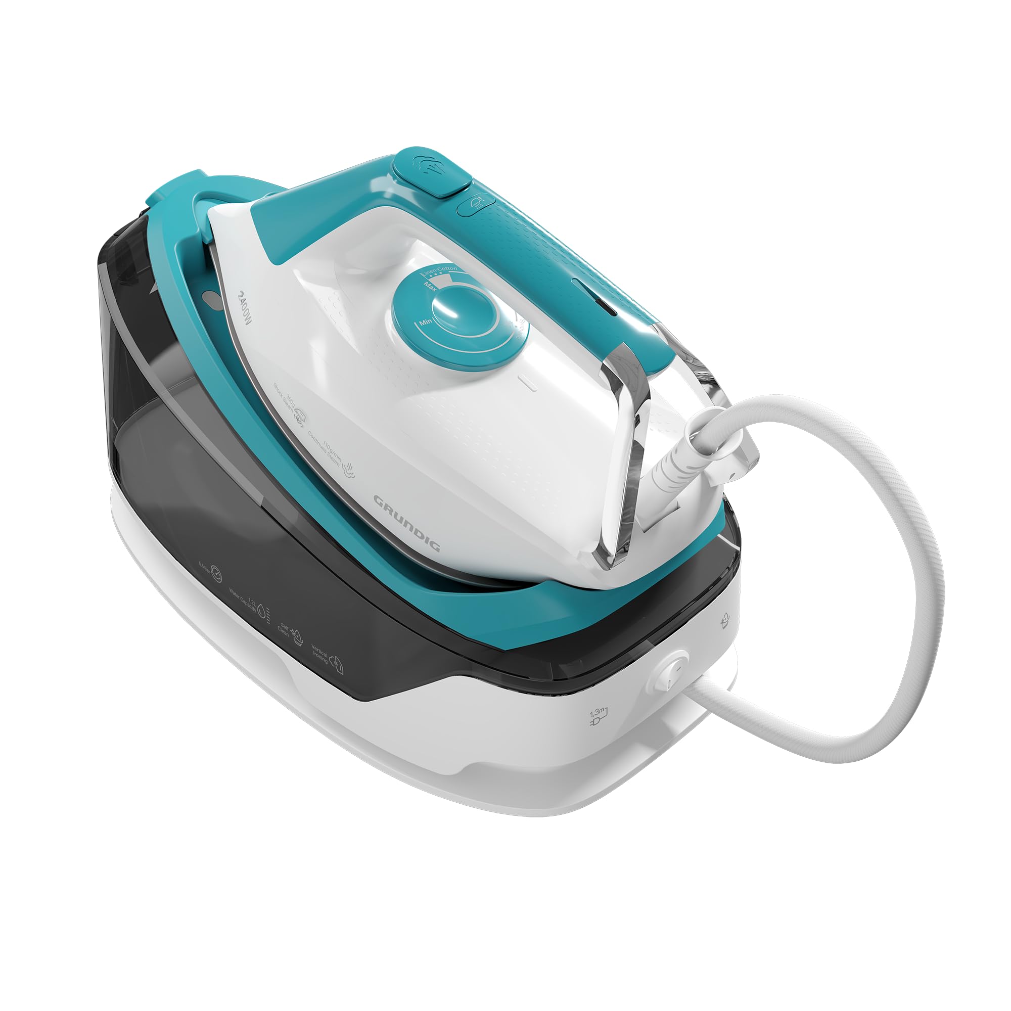 GRUNDIG Plancha de vapor SIS 6550 2400 W, 6,5 bar, vapor de 110 g/min y supervapor adicional de 360 g/min, suela de cerámica, autolimpieza y depósito de agua de 1,2 l, calentamiento rápido, blanco