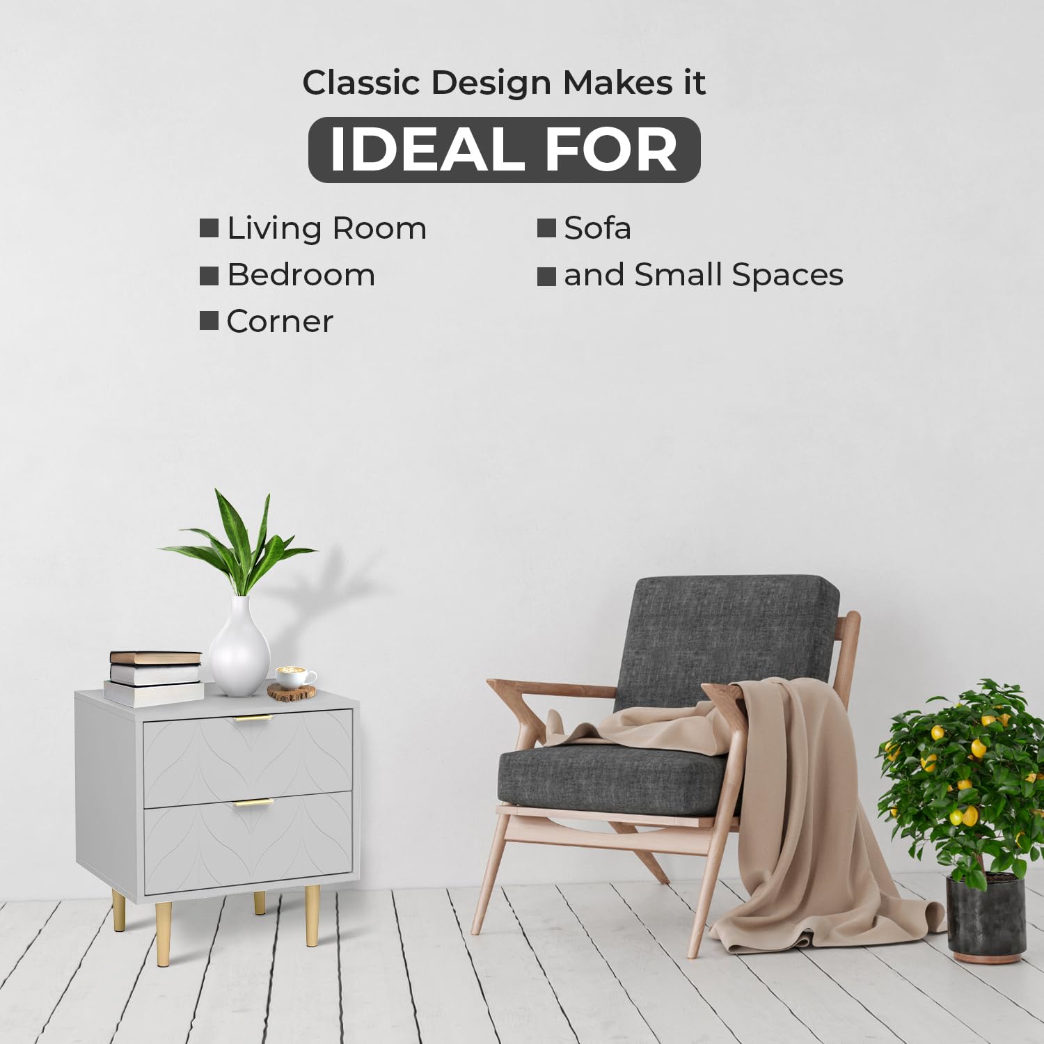 IKEA Minimalist Grey Bedside Cabinet With Drawer White Background - View #2
