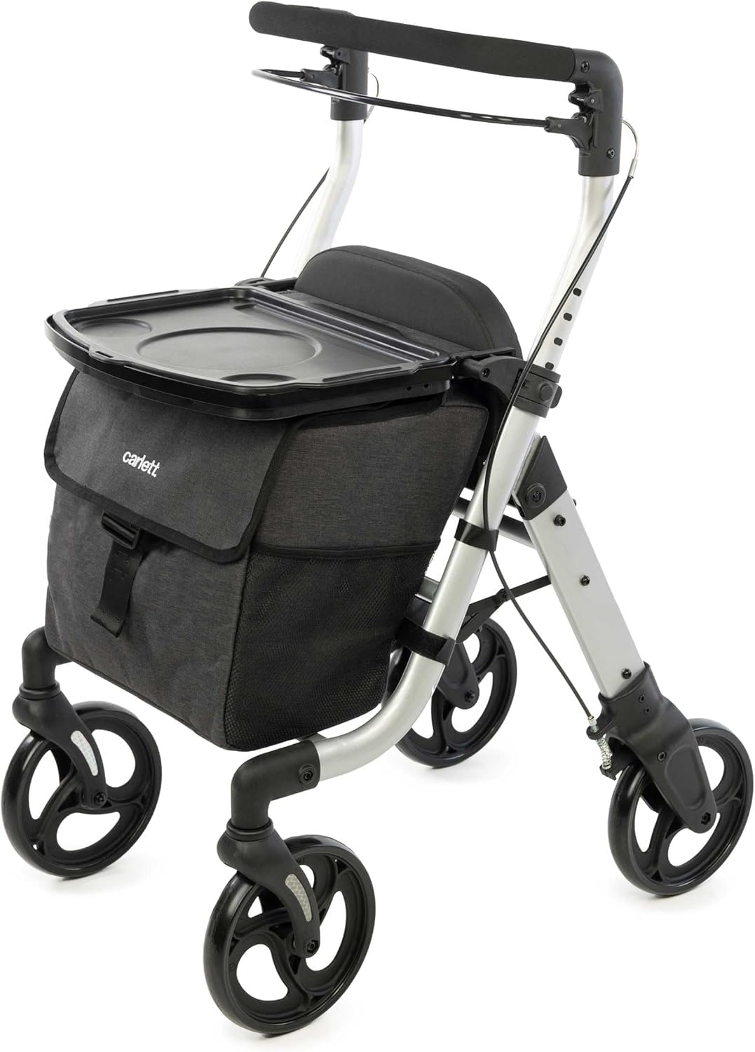 Carlett Andador con Asiento Plegable y Bolsa Extraíble, Producto Médico Homologado EU, Ruedas Grandes 20 cm, Freno de Parking y Manillar Regulable, Ideal para Interior y Exterior, Lett Walk, Negro