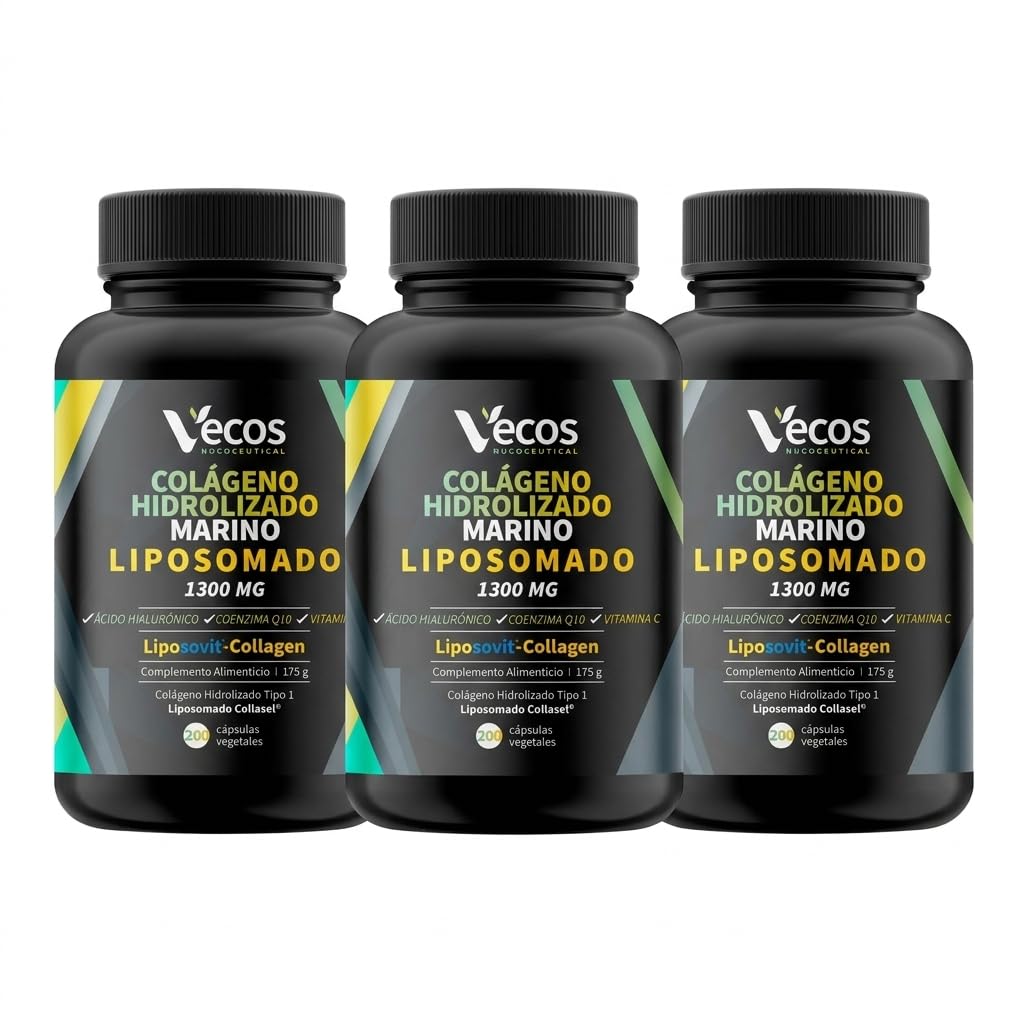 Colágeno Marino Liposomado Collasel® con Ácido Hialurónico, Vitamina C y CoQ10 – Alta Absorción para Piel, Cabello y Uñas – 200 Cápsulas (600 Cápsulas (3 Botes))