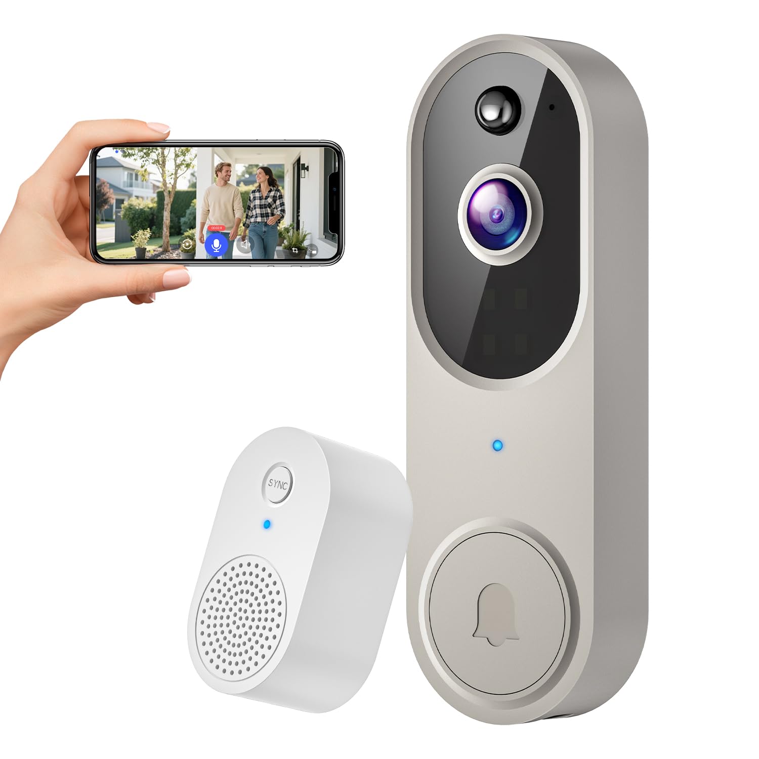 FineLuck Security Camera Wireless with Doorbell Receiver, Battery Powered, AI Human Detection, 2-Way Talk, 2.4G Wi-Fi, Cloud Storage, Indoor Outdoor Surveillance (Linen)