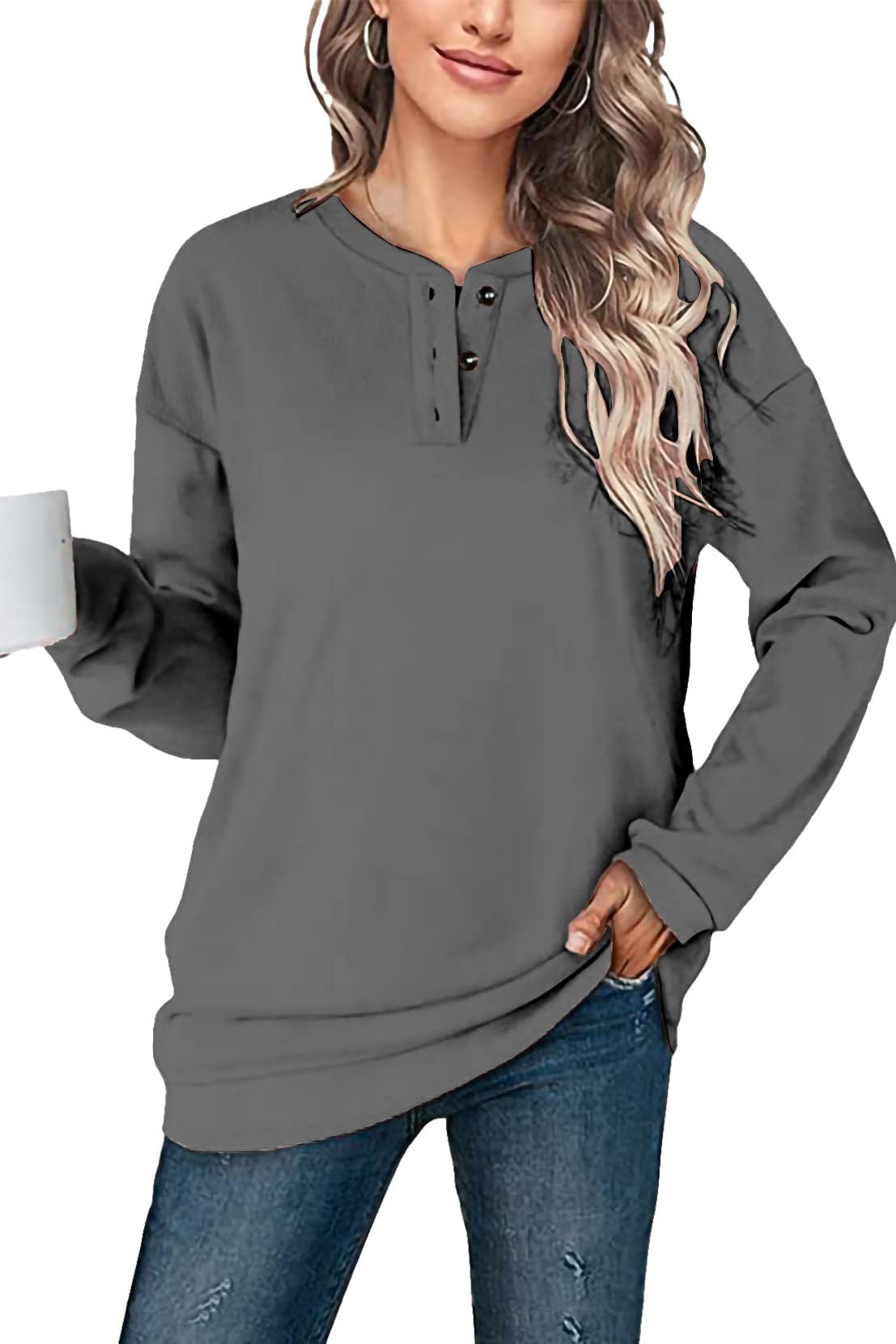 SMENGWomens Half Button Sweatshirts Long Sleeve Pullover Drop Shoulder Trendy Tops