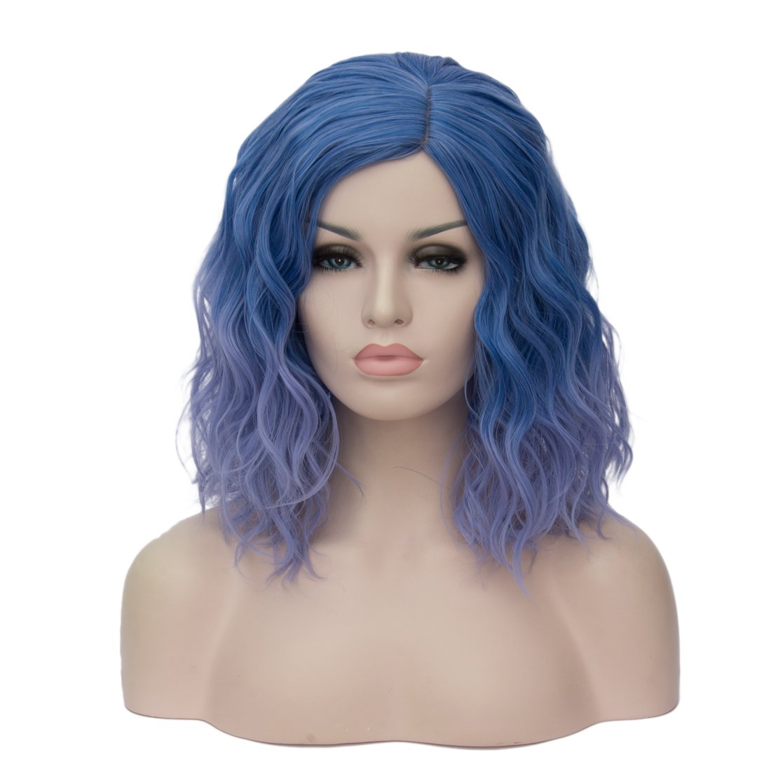 BUFASHION Short Bob Ombre Wavy Glue Less Synthetic Hair Wig Heat Resistant Middle Parting, Light Blue