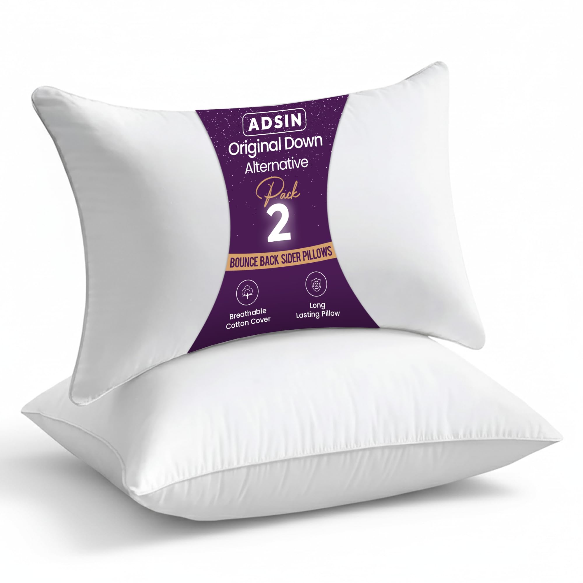 Adsin Extra Firm Extra Filled Bounce Back Pillow (Extra Firm), Hollow-Fibre Jumbo Bed Pillow, Hypoallgernic Hotel Quality Pillows, Luxury Sleep Neck Pain Relief, Premium Pillows 2 Pack Hotel Quality