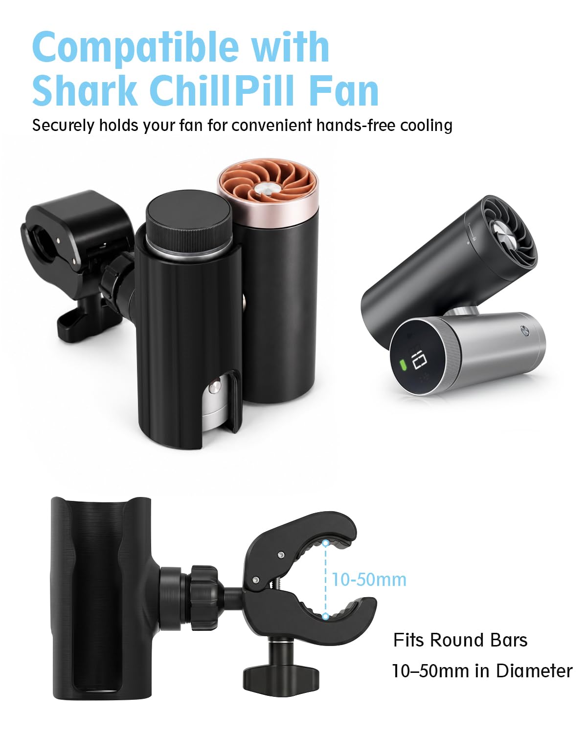 BoomBa Morsetto portatile per ventola di raffreddamento personale Shark ChillPill 3 in 1, supporto regolabile per passeggini, biciclette, golf cart, attrezzature da palestra e altro