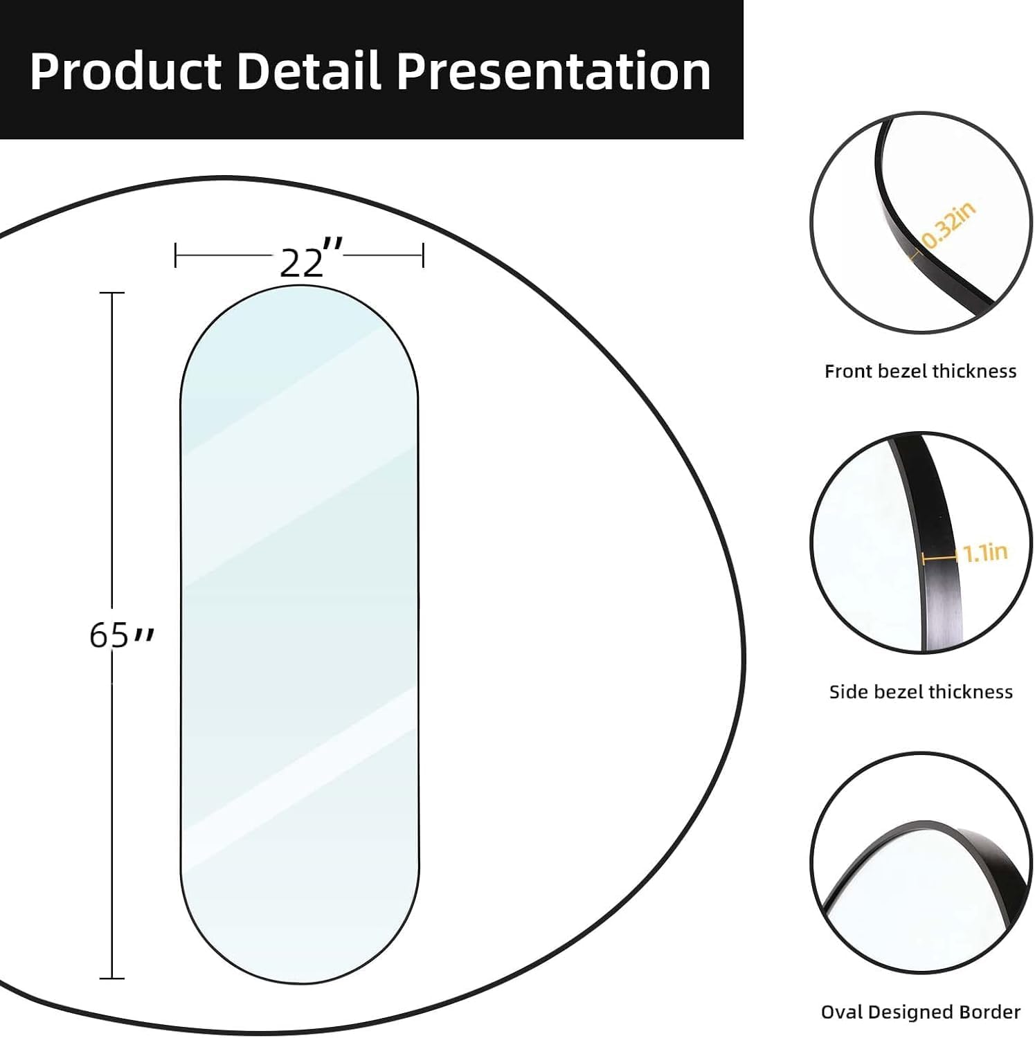 Arched Full Length Mirror Black, 65''x 22'' Oval Body with Metal Frame, Large Hanging Top for Bedroom, Living Room, Entryway, Bathroom 65x22 inch