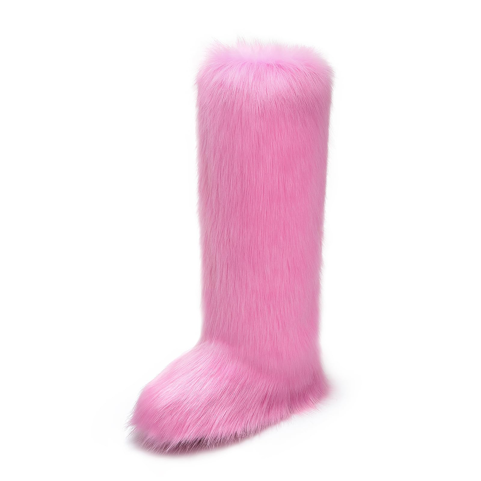 WOVOIE Knee High Fur Boots for Women Faux Fur Boots, Fluffy Round Toe, Winter Cosy Plush Warm Outdoor Snow Boots