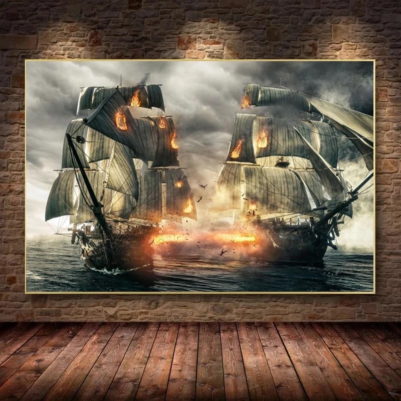 Peinture sur toile voilier vintage paysage marin - Toile déco premium avec cadre intérieur