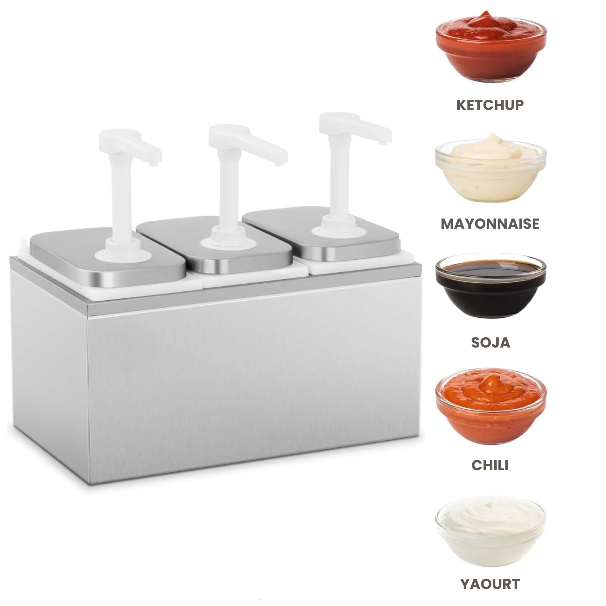 Distributeur de Sauce Inox Triple 3x2L - 3 Pompes - Dosage Précis - Hygiénique et Professionnel