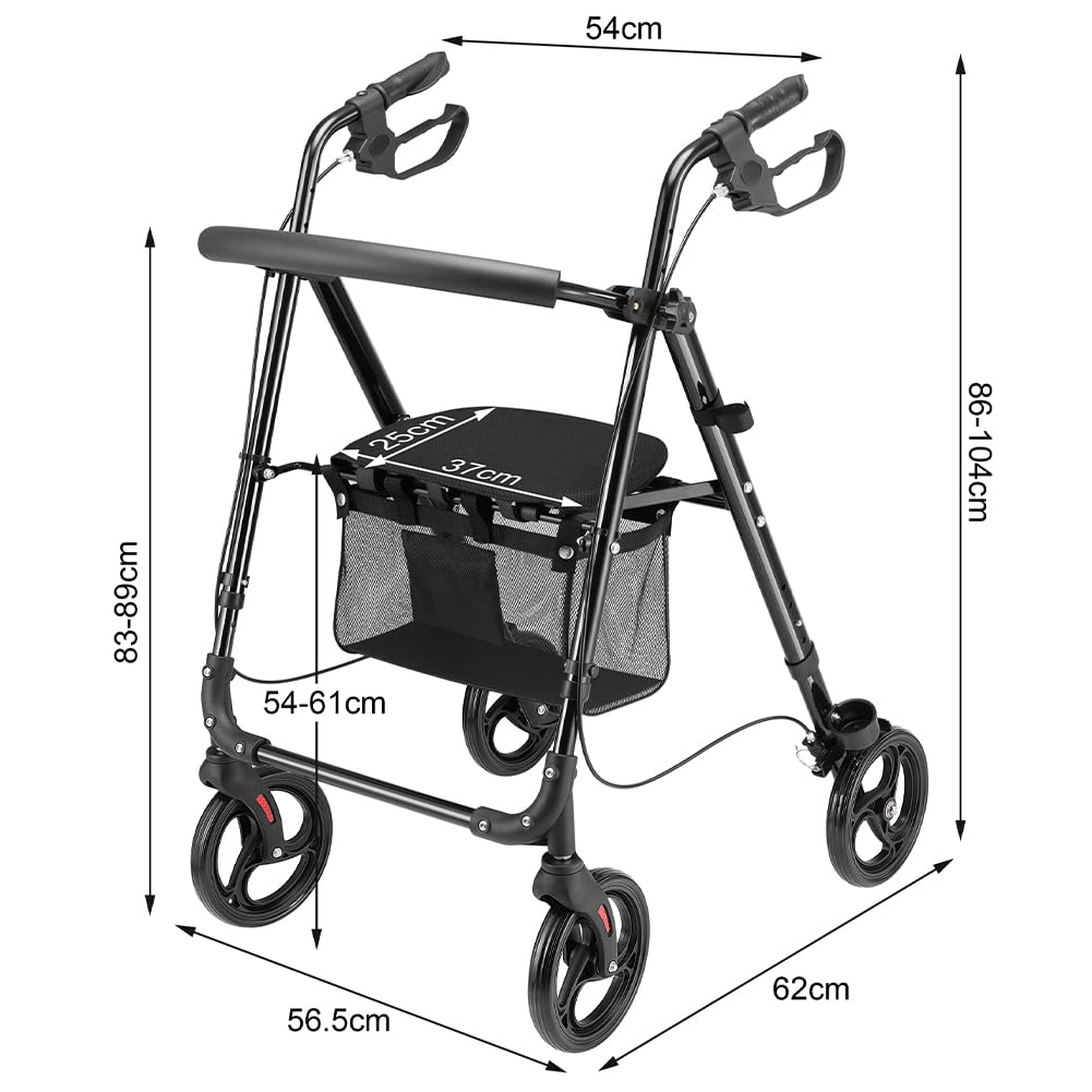 BAKAJI Andador plegable y ahorra espacio con asiento y bolsa de red portaobjetos, Walker Rollator con soporte para paraguas, ideal para personas mayores, discapacitados y personas con movilidad