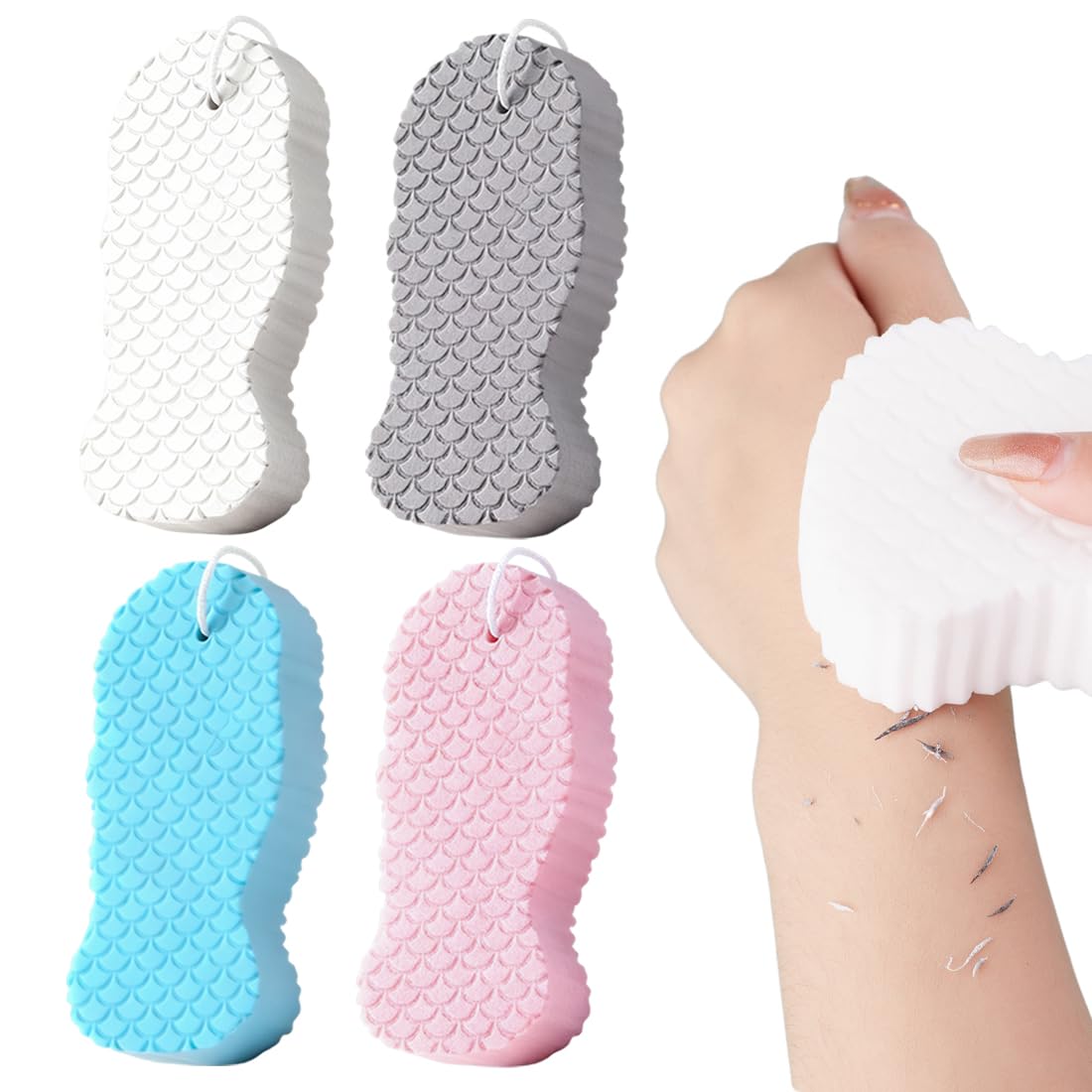 Spugne Esfolianti per Doccia 4 Pezzi – Rimuovi Calli Riutilizzabili per Adulti e Bambini, Adatto per Pelle Morbida (Bianco, Grigio, Blu, Rosa)