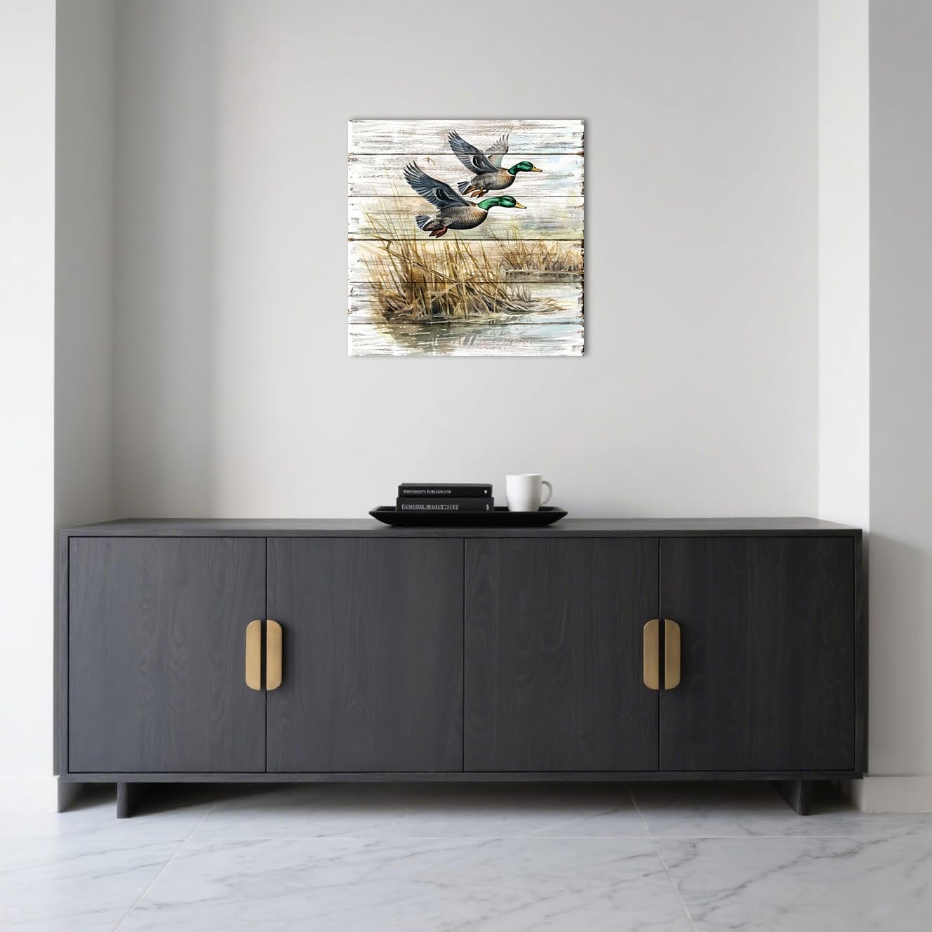 Framed Mallard Duck Wall Art 16x16 Inch Two Ducks Flying Over Marsh Canvas Print Rustic Wildlife Nature Scene Artwork for Living Room Office Home Decor